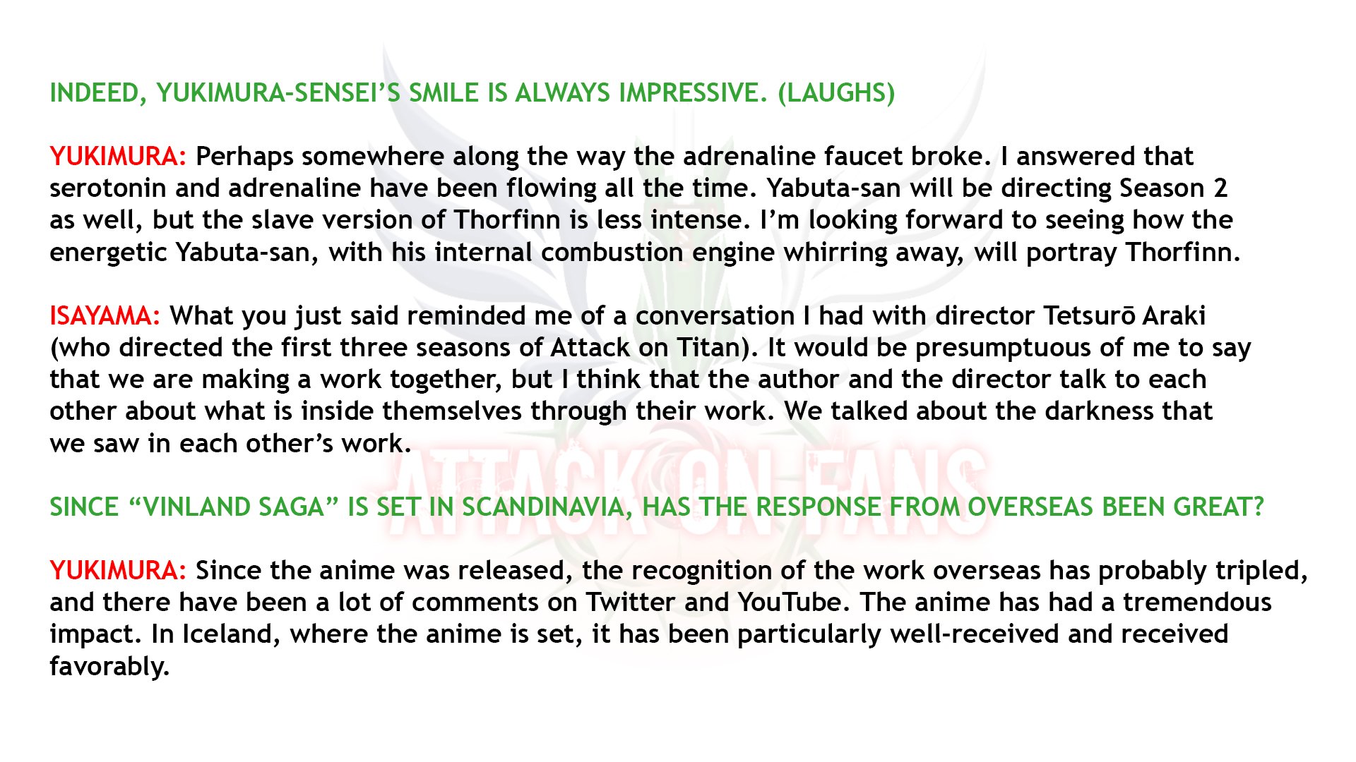 VINLAND SAGA's Yukimura Makoto & ATTACK ON TITAN's Isayama Hajime Talk  About VINLAND SAGA