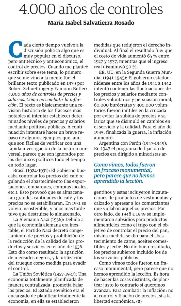 4000 años de control de precios.

Es hora de hacer las cosas distintas si queremos avanzar. Para combatir la inflación: no al control y fijación de precios, sí a la libertad económica. 

Les comparto mi columna de hoy en Diario <a href="/eluniversocom/">El Universo</a>:
eluniverso.com/opinion/column…
