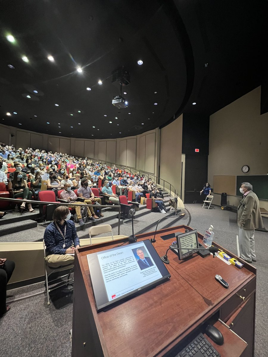 Dean of the School of Health Professions Dr. David Brown addressing the new students during SHP orientation. Welcome to the new students and welcome to the UTMB family.