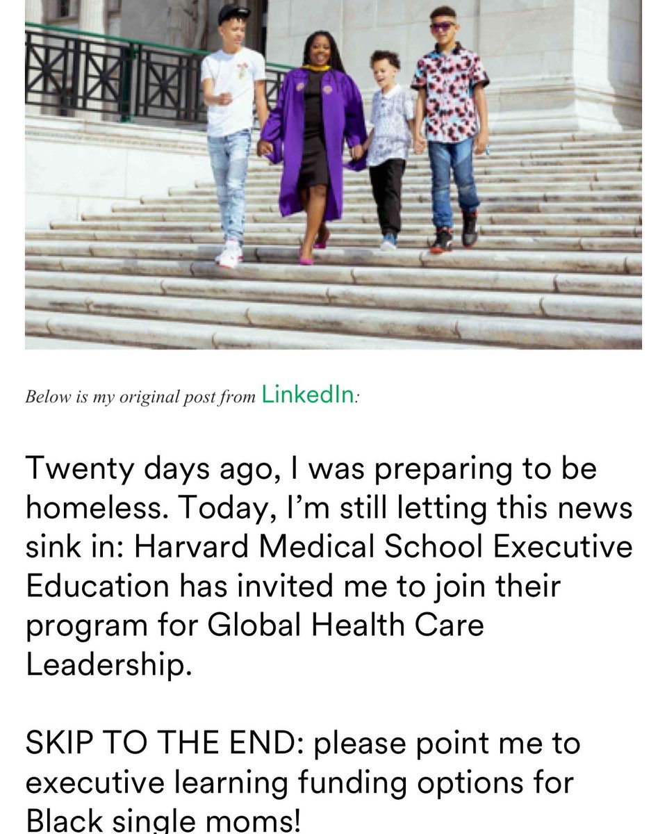 Octaviaaivatco's tweet photo. I went from homeless to #Harvard! LOW KEY FREAKING OUT: I have to have $6k by the end of this week and the balance in one month. If everyone that liked my OP on LinkedIn gave $3, I’d be SET. Please share! #singlemom #GoFundMe 

 https://t.co/DHRfBD4OLn https://t.co/0oQlsA257K