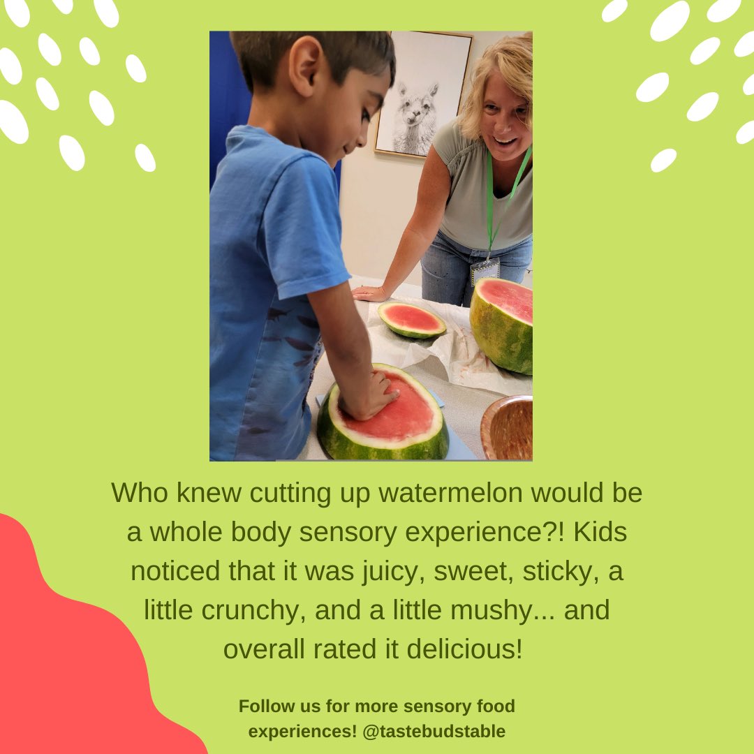 TasteBudsTable's tweet photo. Who knew a watermelon could be a whole body experience?! The kids noticed it was juicy, sweet, sticky, a little crunchy, and a little mushy. Overall, they rated it as delicious! 

Follow us for more sensory food experiences! 

#occupationaltherapy #ot #mondaymotivation #food https://t.co/oxIiQ2ID3v