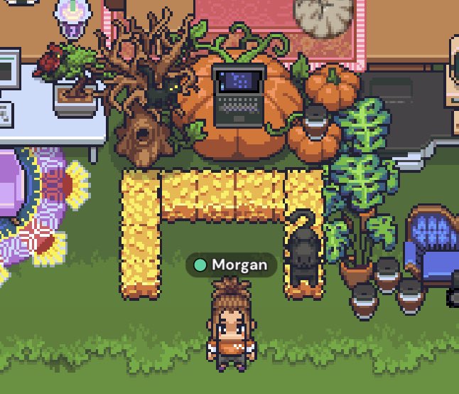 NerdyTechMom's tweet photo. @gather_town I decided to clean up my desk and get ready for fall! 🍂 Plus people can sit on the hay bales now when they stop by my desk to chat 😄 https://t.co/KU3jPtiPc5