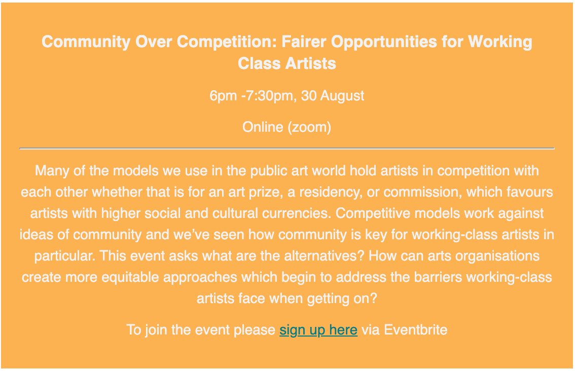 WCBritArt's tweet photo. Roll up, we have got three cracking events lined up and we want to see you there.
First up is Community Over Competition 30 August on Zoom at 6pm
Speaker announcements to follow!
Sign up here https://t.co/6PSd5NyNF3
#workingclassart #workingclassbritishart https://t.co/TxSPNLe6pc