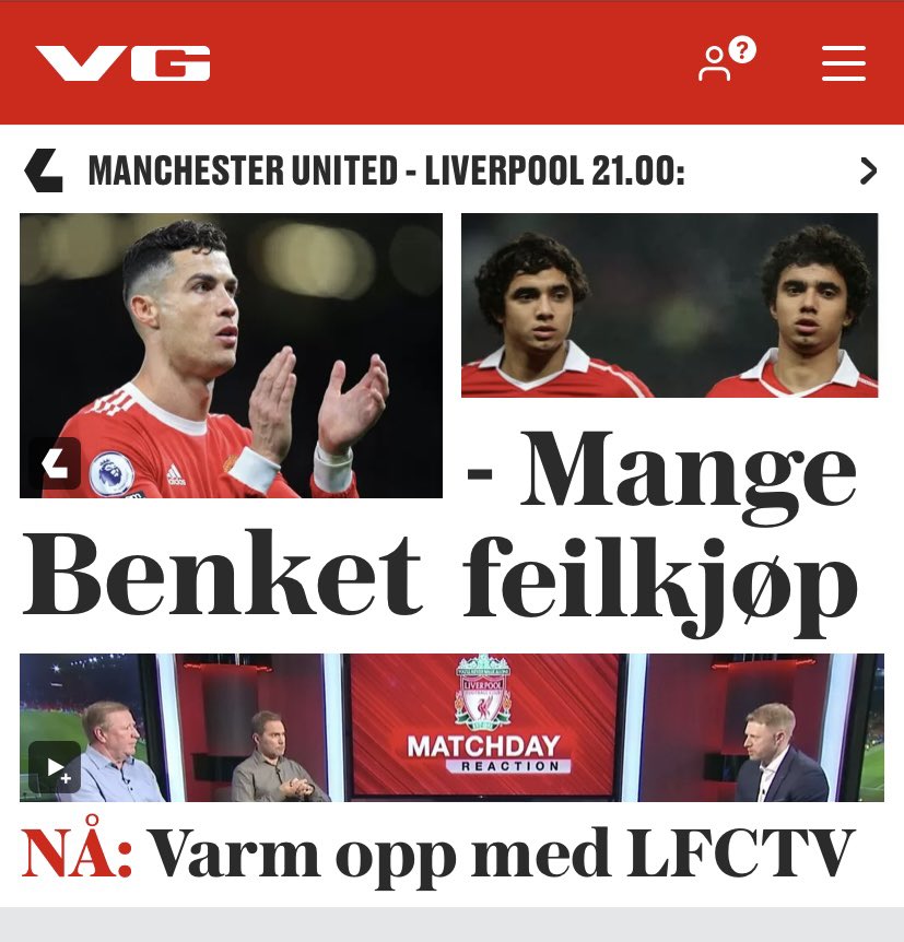 Olav90's tweet photo. Er vel ikke særlig nøytralt å tilby leserne å varme opp til Man. United - Liverpool med LFCTV? #VG #MUNLIV #United https://t.co/RZ8FHFtmMo