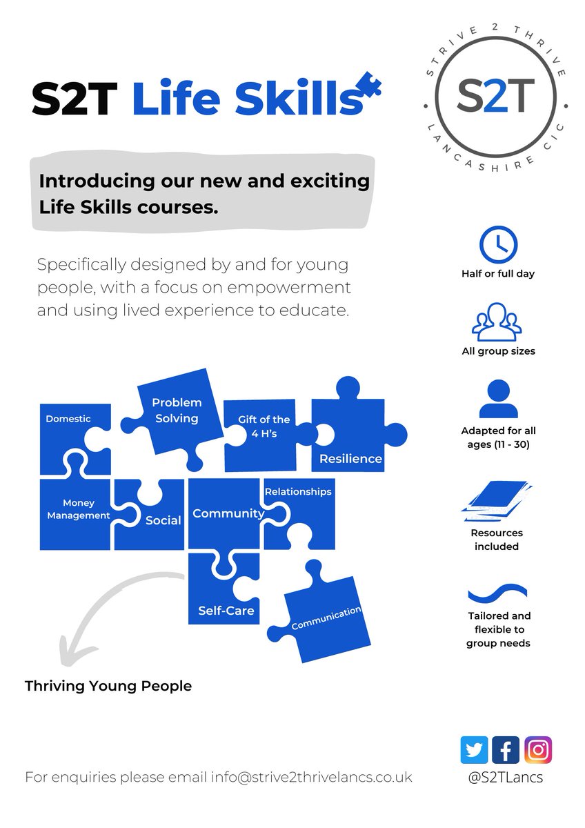 s2tlancs's tweet photo. S2T Life Skills - Connecting the pieces and developing #Thriving Young People.

Email info@strive2thrivelancs.co.uk for more information and to make a booking.

#youngpeople #traininganddevelopment #skills #training #lancashire #youthengagement #promotingrecovery #socialimpact https://t.co/ovkWpqJGO7