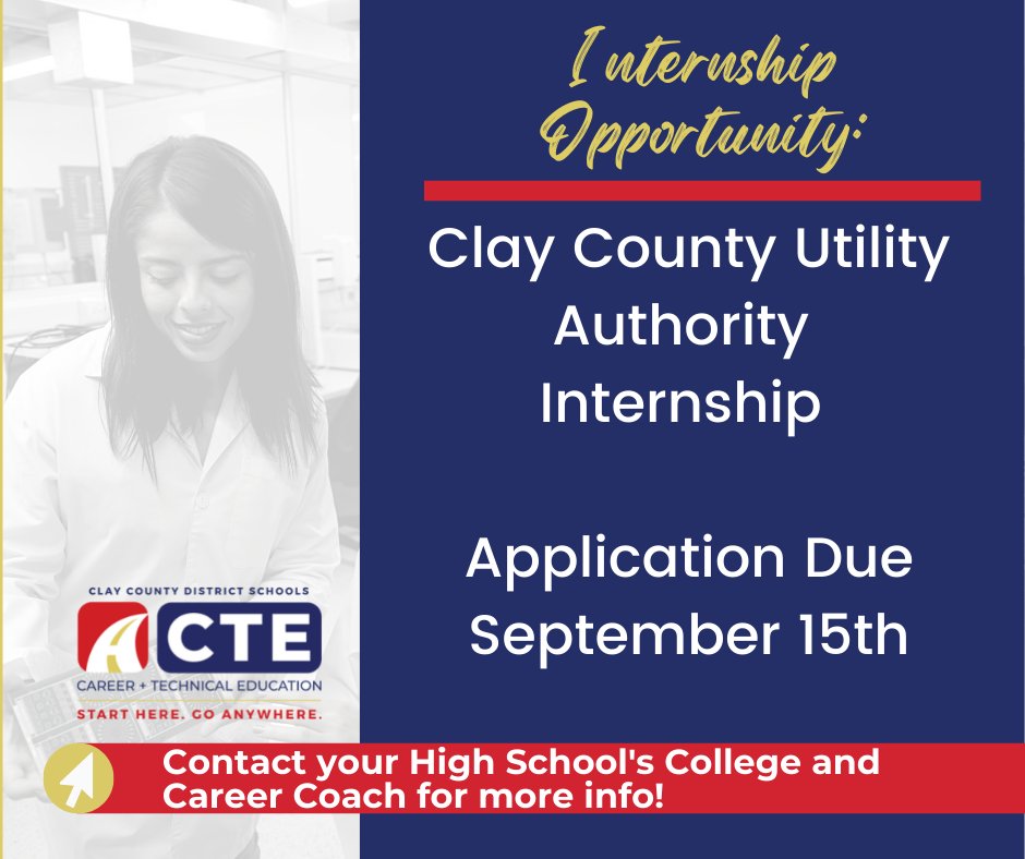 Check out this great internship opportunity for <a href="/oneclayschools/">Clay County District Schools</a> juniors and seniors from <a href="/CCUA/">Clay County Utility</a>.  drive.google.com/file/d/1QKEYje…
