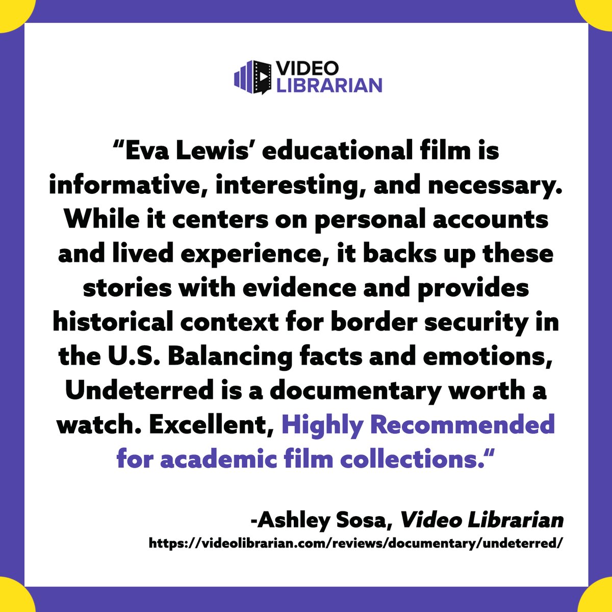 UndeterredF's tweet photo. We are pleased to share Ashley Sosa’s review of Undeterred in @Video_Librarian 💯🎬
Read the full film review here: https://t.co/AJi32iz4J8
@newdayfilms
#VideoLibrarian
#DocumentaryReview
#UndeterredFilm
#CommunityResistance
#SocialJusticeFilms
#BorderDocumentary https://t.co/JgITmmu89y