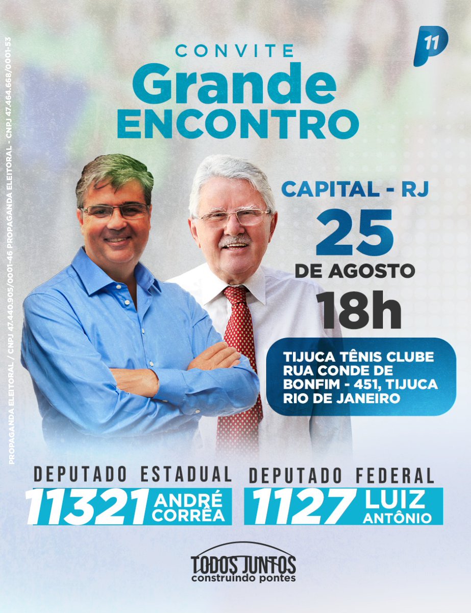 depandrecorrea's tweet photo. Amigos e amigas da capital e região metropolitana: participe da primeira grande reunião da nossa campanha.
Quinta-feira, dia 25, às 18h, no Tijuca Tênis  Clube. 
Eu @depandrecorrea e @depluizantonio esperamos por vocês. 

#AndréCorrêa11321 #LuizAntônio1127 #Vote11321 #Vote1127 https://t.co/2LeDazqED1