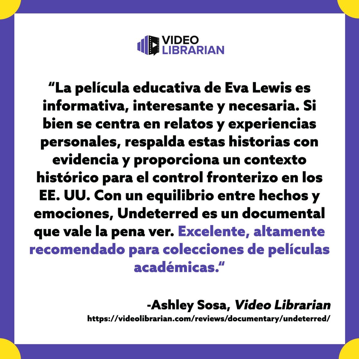 UndeterredF's tweet photo. We are pleased to share Ashley Sosa’s review of Undeterred in @Video_Librarian 💯🎬
Read the full film review here: https://t.co/AJi32iz4J8
@newdayfilms
#VideoLibrarian
#DocumentaryReview
#UndeterredFilm
#CommunityResistance
#SocialJusticeFilms
#BorderDocumentary https://t.co/JgITmmu89y