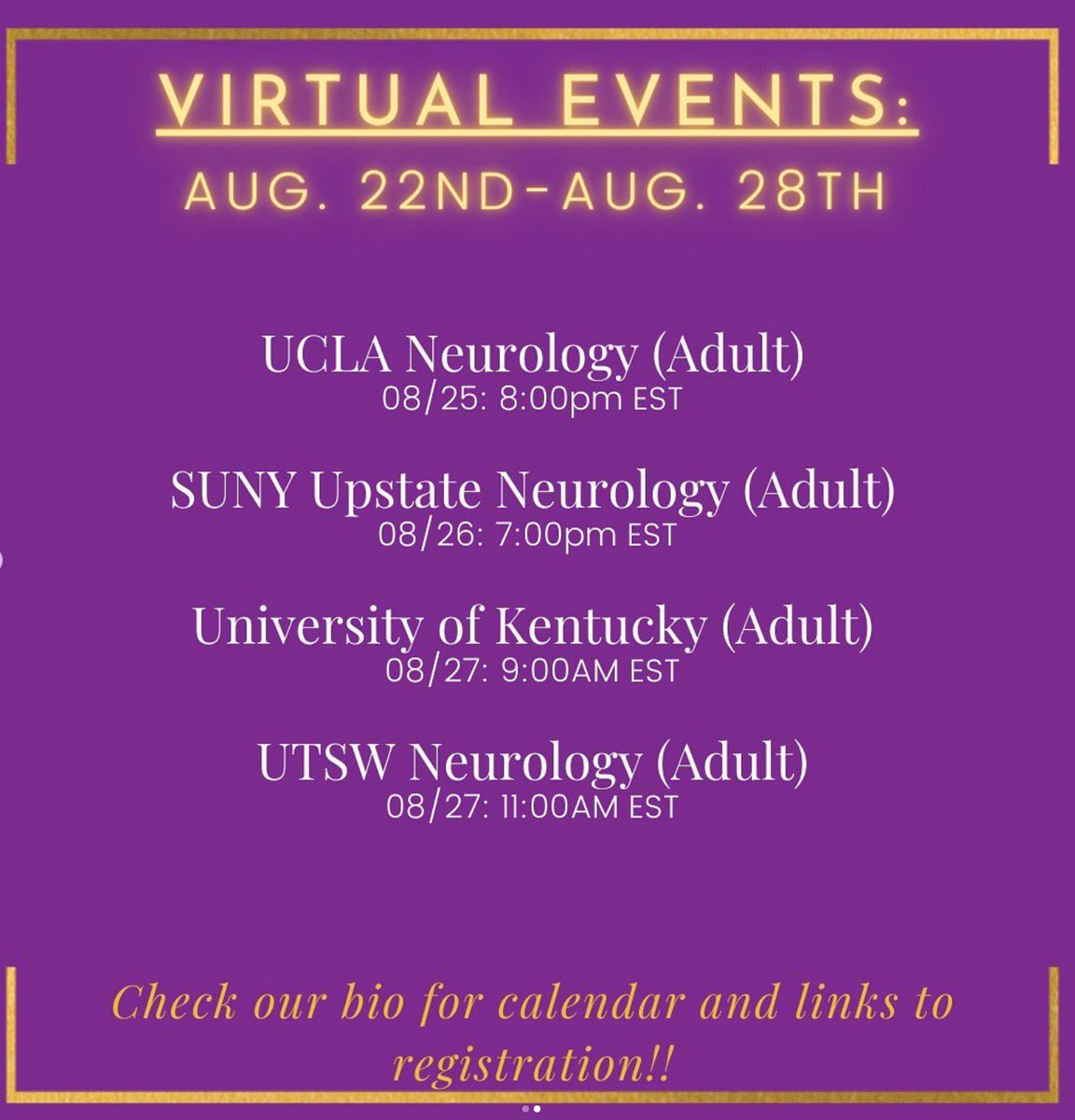 NMatch2027's tweet photo. Paging all future neurologists! 🚨🚨🚨

We have compiled a list of the upcoming virtual residency open houses for this week! The link in our bio contains a calendar with the links to sign up and attend these awesome sessions. You don’t want to miss out!

-Nupur from NMatch2023 https://t.co/zYjST5q0wZ