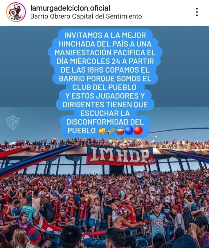 La Murga del Ciclón convoca a una manifestación pacífica para el miércoles a las 18:00 frente al Club #CerroPorteño, para hacer sentir la disconformidad hacia el cuerpo técnico y jugadores.

#CardinalDeportivo #730AM