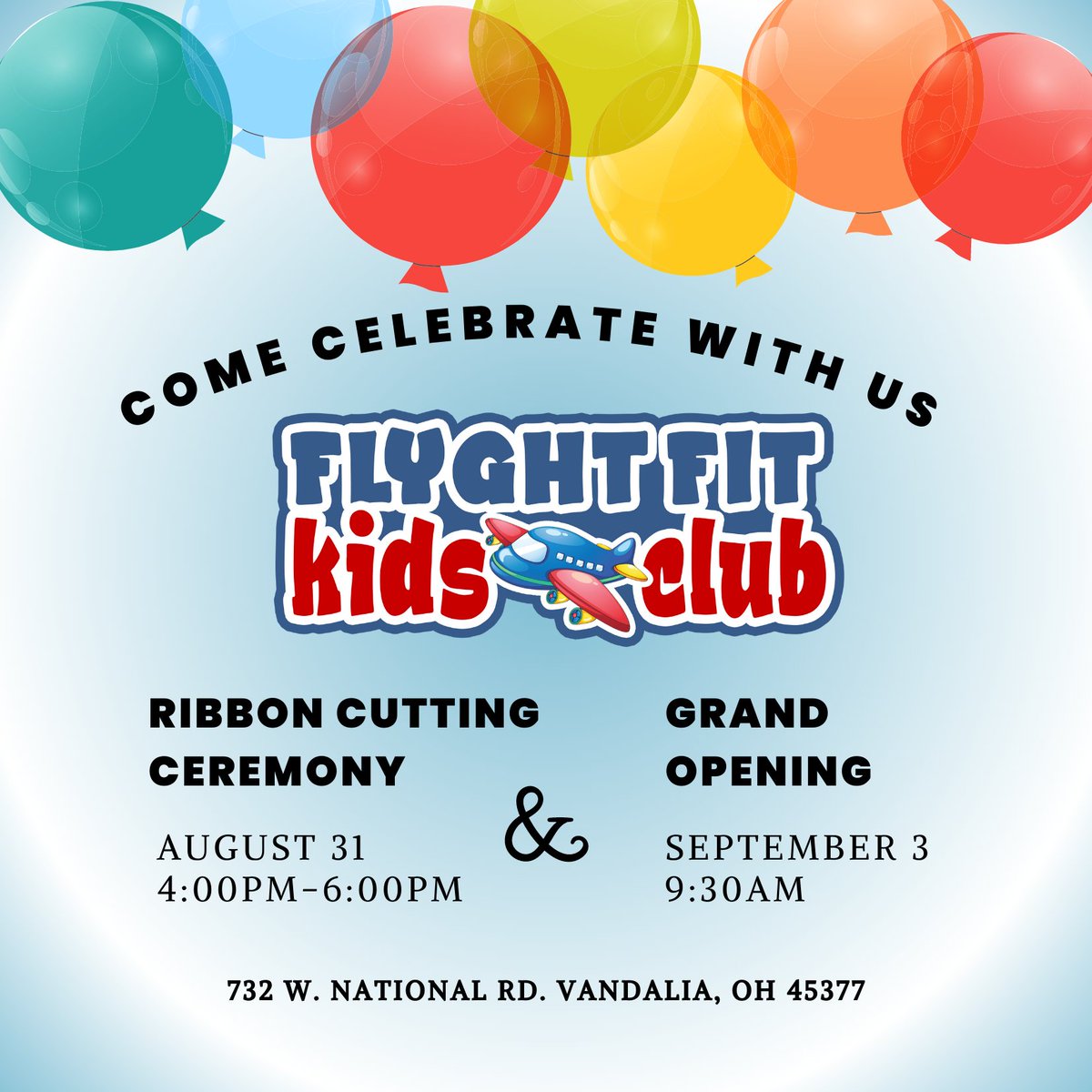 FlyghtFitKC's tweet photo. Come celebrate with us August 31st at our ribbon cutting ceremony! 

📆 August 31st
🕗 4:00pm-6:00pm
📍 732 W National Rd, Vandalia OH, 45377

#FlyWithUs #TakeFlyghtFFKC https://t.co/APkZ6DDbet