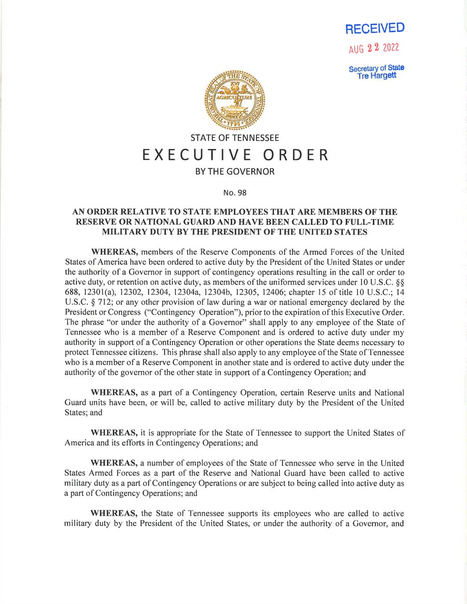 GovBillLee's tweet photo. I’ve signed this order each year to maintain existing policy and ensure Tennessee state employees who serve in the military have the pay and benefits needed to provide for their families while on active duty. https://t.co/mBLOJX29D8