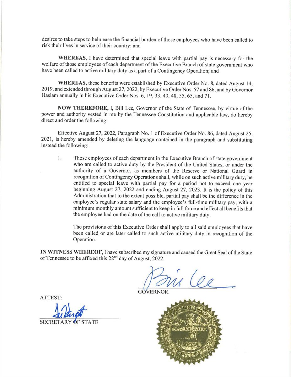 GovBillLee's tweet photo. I’ve signed this order each year to maintain existing policy and ensure Tennessee state employees who serve in the military have the pay and benefits needed to provide for their families while on active duty. https://t.co/mBLOJX29D8