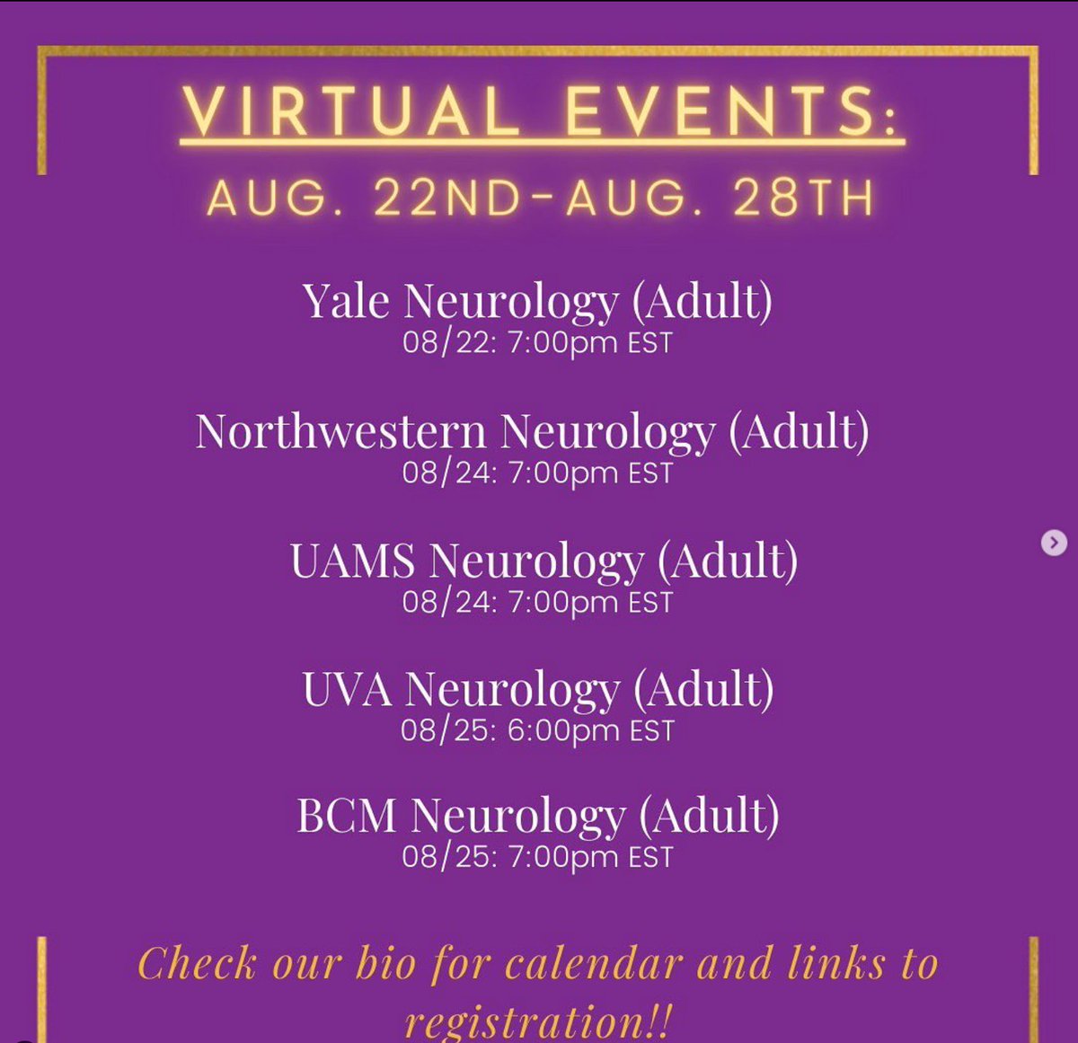 NMatch2027's tweet photo. Paging all future neurologists! 🚨🚨🚨

We have compiled a list of the upcoming virtual residency open houses for this week! The link in our bio contains a calendar with the links to sign up and attend these awesome sessions. You don’t want to miss out!

-Nupur from NMatch2023 https://t.co/zYjST5q0wZ