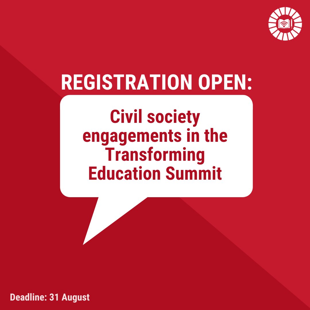 CivilSociety_UN's tweet photo. .@UN Secretary-General @antonioguterres will convene the Transforming Education Summit from September 16-19, 2022. 
 
Stakeholders are invited to express their interest in participation via the link below by August 31. 
👉 https://t.co/uUjEX8hLtf
#TransformingEducation https://t.co/hjAinMnHpo