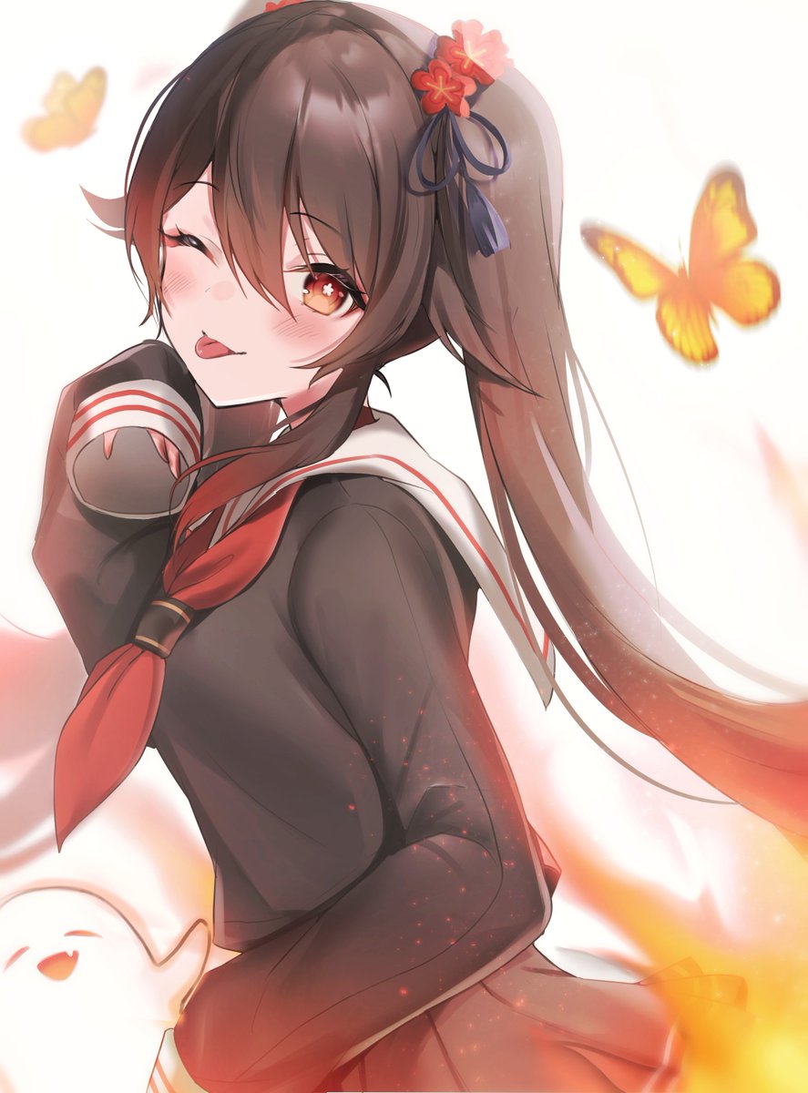 hu tao (genshin impact) 1girl one eye closed tongue school uniform butterfly tongue out bug  illustration images