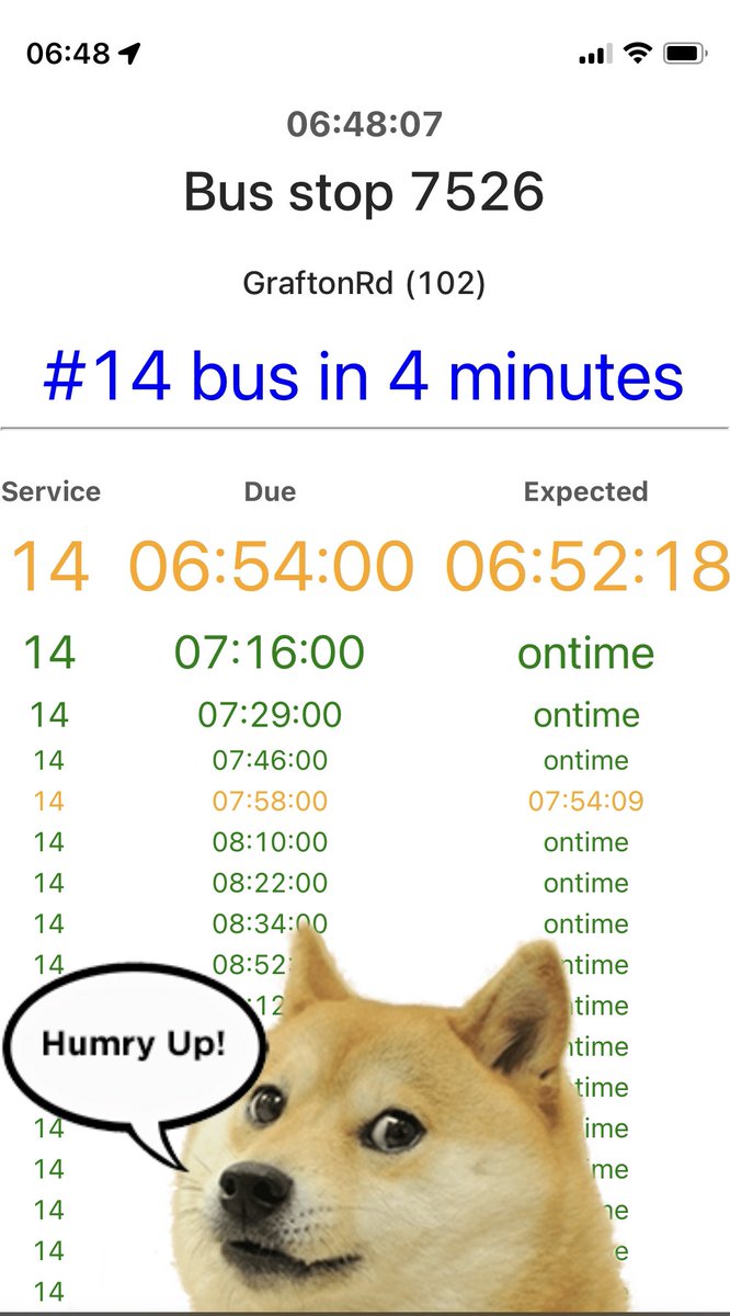 robinm's tweet photo. @Mappletons @JoshWComeau Simple PWA for my daughter to make sure she doesn’t miss her bus to school. One icon on her phone that tells her only what she needs to know, plus bonus doge https://t.co/cP0lbOehPb