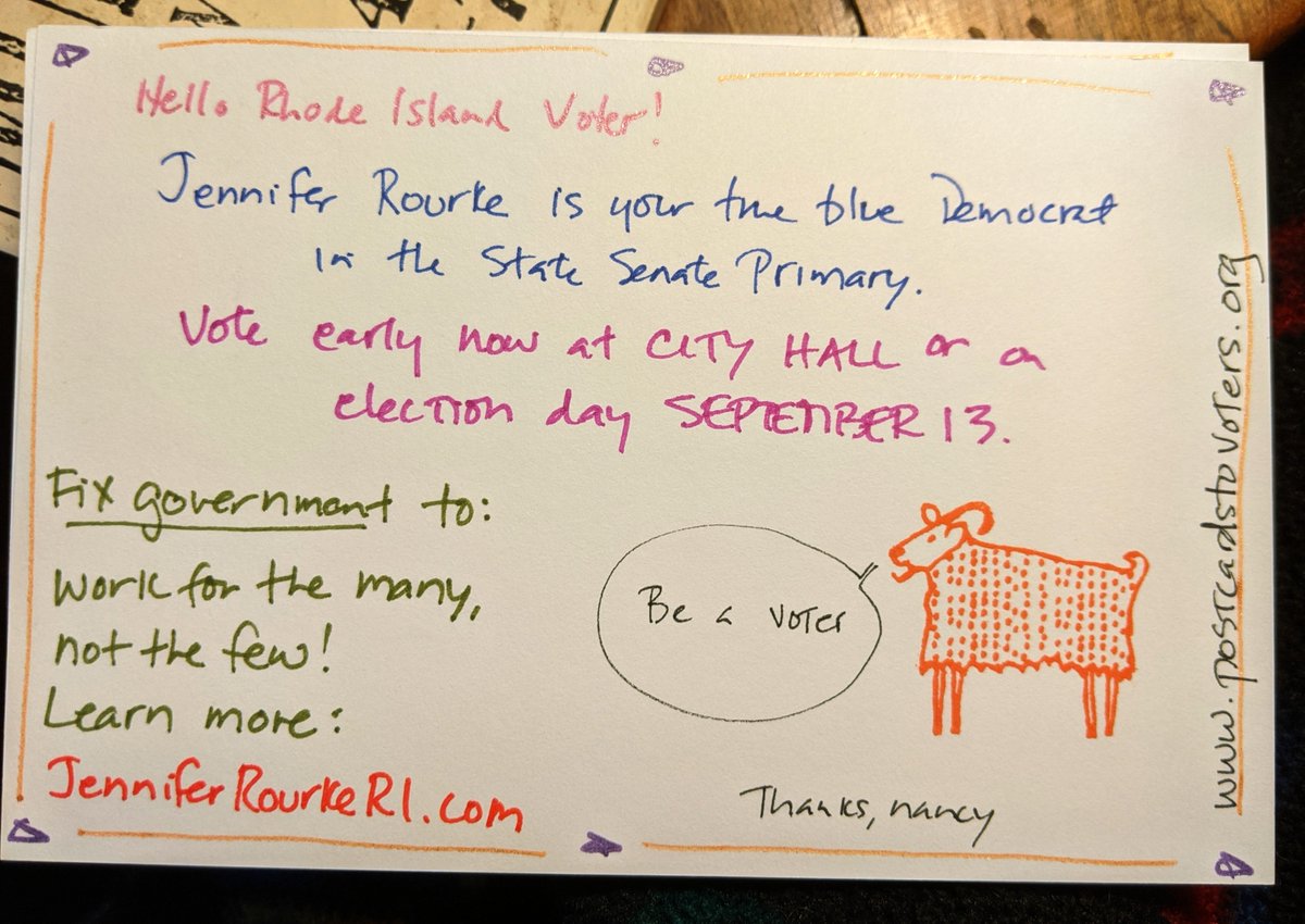 MrPeabody323's tweet photo. Halloo! First batch of 20 going out to nudge Rhode Island voters. Jennifer Rourke is running for State Senator! Yay! #TrueBlueJen #postcardstovoters @JenRourke29 https://t.co/SzNUS2GU2p