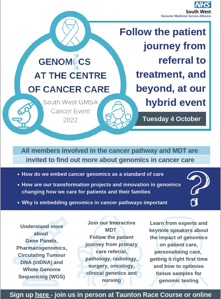 Frank McDermott (@mcfark) on Twitter photo Join us on the 4th of October face to face or online for this free <a href="/SWGenomics/">NHS SW Genomic Medicine Service Alliance</a> Meeting for all of the MDT, HCPs, managers. All about embedding genomics as a standard of care. Link below to register
bit.ly/3ccPwfP Join us on the 4th of October face to face or online for this free <a href="/SWGenomics/">NHS SW Genomic Medicine Service Alliance</a> Meeting for all of the MDT, HCPs, managers. All about embedding genomics as a standard of care. Link below to register
bit.ly/3ccPwfP