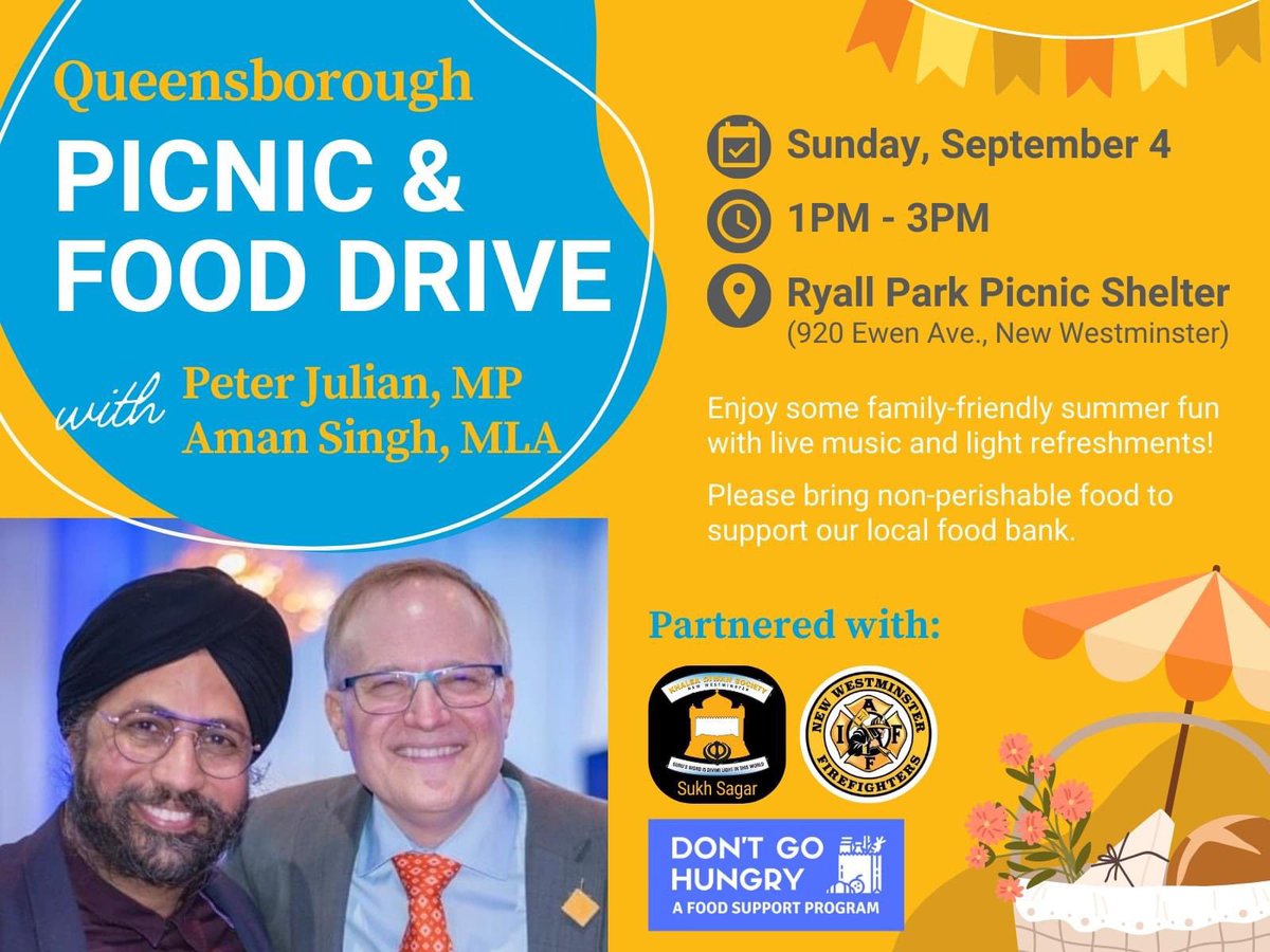 Come join our Queensborough Picnic and Food Drive on Sep 4 (1-3pm) at Ryall Park. @AmanSinghNDP <a href="/SukhSagarNW/">Gurdwara Sukh Sagar</a> <a href="/NewWestFF/">New Westminster Firefighters</a> @dgh_burnaby RSVP today: peterjulian.ca/qb_picnic_food…