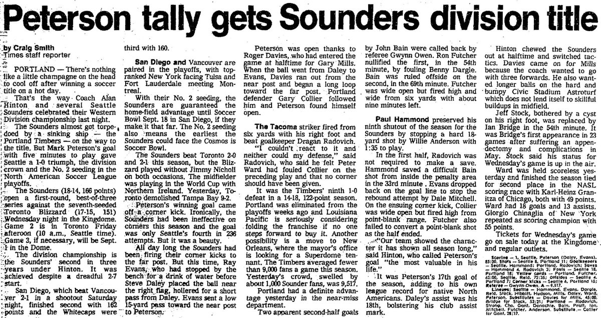 WA_Legends's tweet photo. Coming back from a 2-7 start, Sounders (18-14) leave it late but get vital 85' goal from Mark Peterson to beat Portland away and clinch West Division title. It's Peterson's 17th goal, a record for North American-born players. On to the playoffs! #OTD 1982 #TimeMachineSounders1982 https://t.co/FtuyZSoBUP
