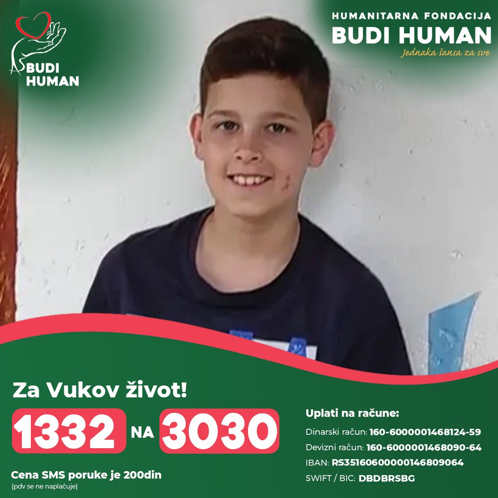 za_608's tweet photo. 1️⃣3️⃣3️⃣2️⃣na3️⃣0️⃣3️⃣0️⃣
Našem sugrađaninu Vuku je u martu 2022. godine dijagnostikovan karcinom - sarcom ewing.
Za nastavak lečenja potrebno je 80.000 evra.
Molim za RT.
@milan_strongman @eugensmesni @paratzelzius @AlekKavcic @WhistlerDick @NikolaRokvic https://t.co/ImYeYIKmKM