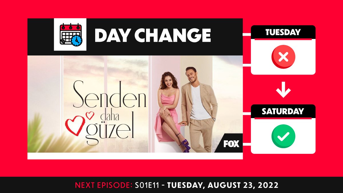 dizilah's tweet photo. 🔄 #SendenDahaGüzel is on the move. Following tomorrow's (August 23) episode, the rom-com will now air Saturdays on FOX! https://t.co/k2aCNTigYH