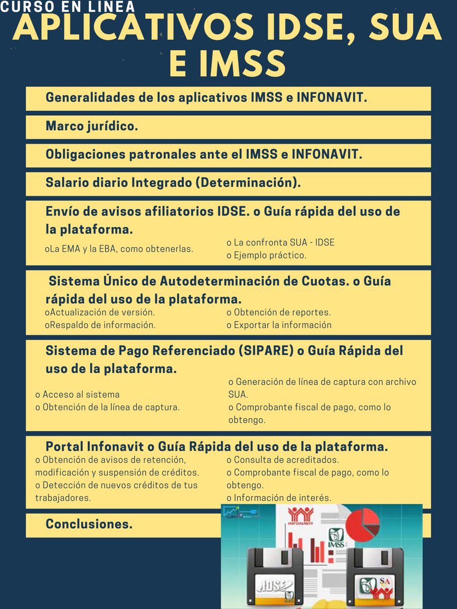 Curso en Línea: Aplicativos, SUA, IDSE e IMSS
3 de Septiembre de 2022
10% de descuento con el código VHSA3
Paga hasta en 18 meses sin intereses
Se otorgan 5 puntos ante CONARH
Tel. 5551168659
WhatsApp: 5566807726       postly.app/12sb
postly.app/12sc
