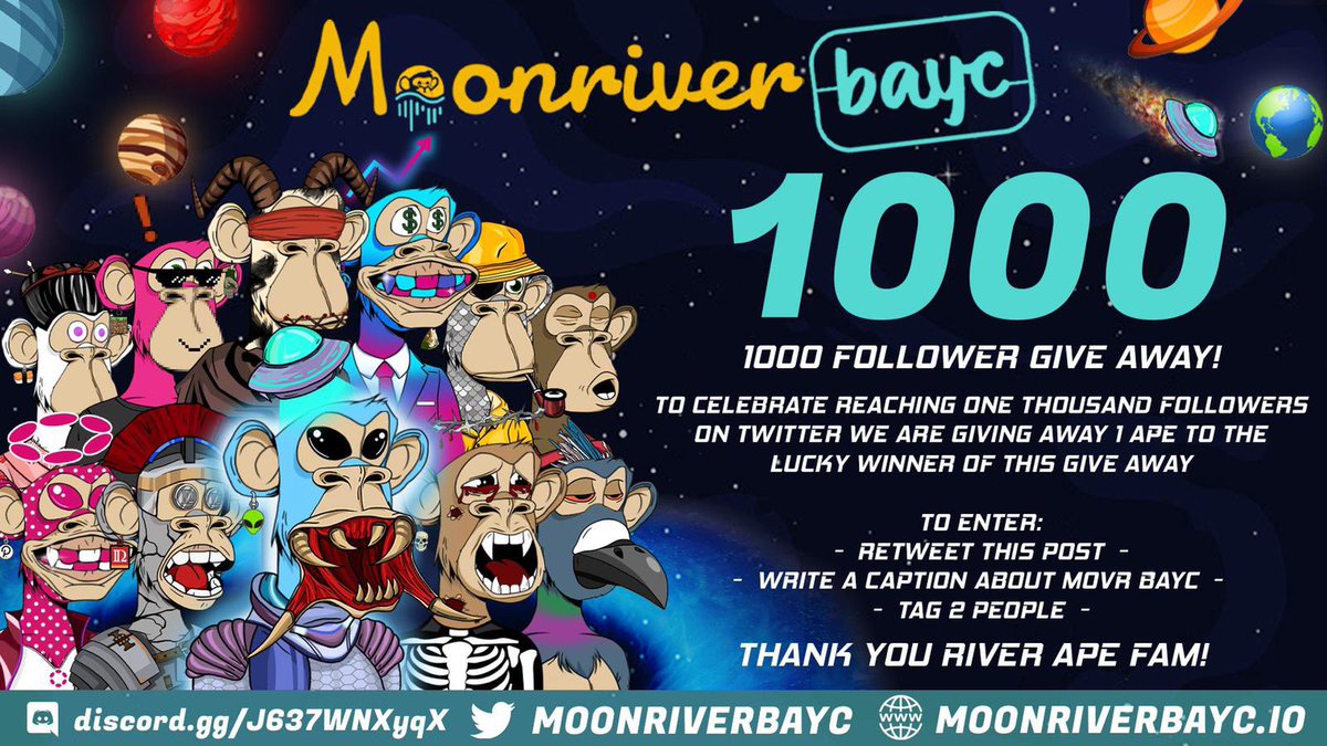 MoonriverBAYC's tweet photo. 🏆WIN A @MoonriverBAYC NFT

👇TO ENTER👇

✅Retweet this post with a caption about @MoonriverBAYC

✅Tag 2 freinds 

🚨Ends August 26th🚨

#MOVR #GLMR #DOT  #NFTGiveaways #NFTCommunity #NFTs #Giveaway #Discord #MintingNow #MintOfTheDay #RIVERAPEfam https://t.co/mA0gVqXzqi