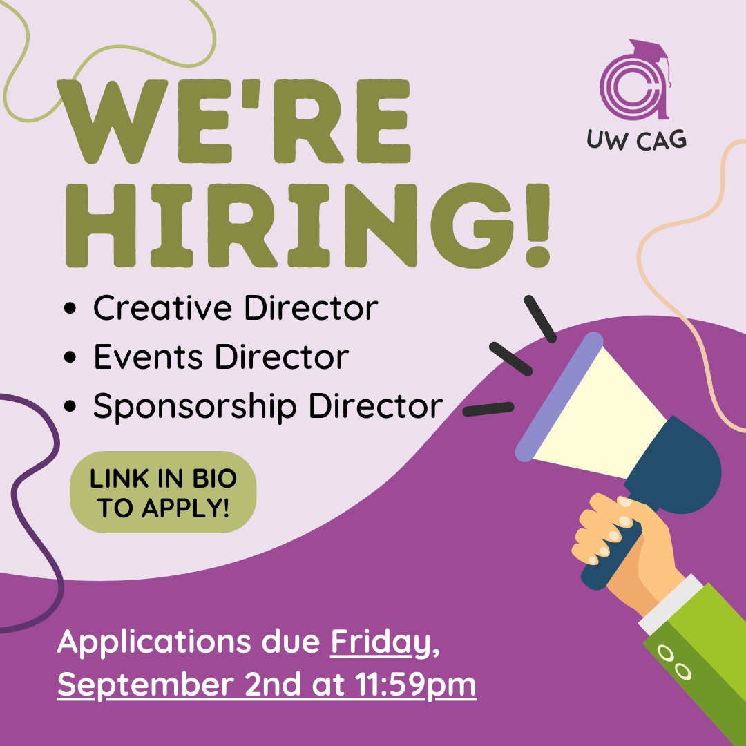 📢 We are hiring! 📢

The UW CAG is hiring a variety of directors to join our executive team for the Fall 2022 semester! Click the link below to read about available positions and complete the application.💜

docs.google.com/forms/d/e/1FAI…

#uwaterloo #gerontology #studentopportunities