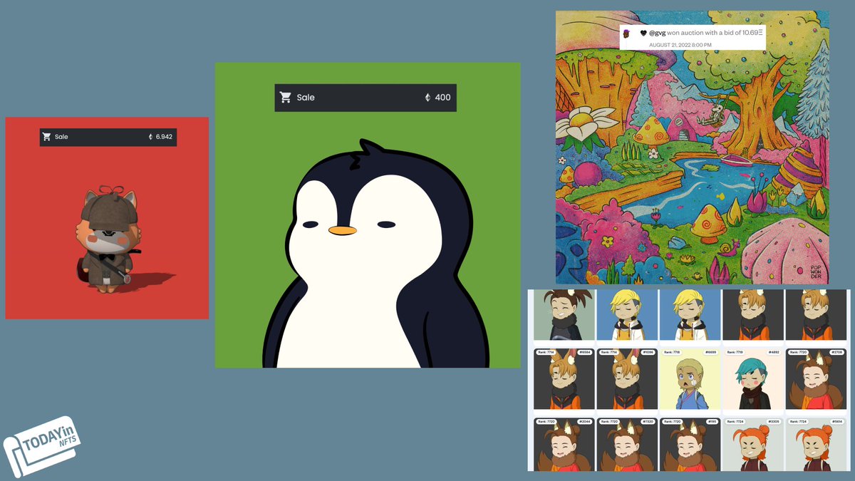 - <a href="/pudgypenguins/">Pudgy Penguins</a> 6873 bought for 400Ξ ($630k), floor 4Ξ
- <a href="/finiliar/">Fini</a> crosses 1,000Ξ vol in first few days, floor +100% to 0.18Ξ, 7397 'Sherlock' bought for 6.942Ξ
- @PopWonderNFT 'External Gratification' for 10.69Ξ
- <a href="/IsekaiMeta/">Isekai Meta</a> edits NFTs metadata after reveal due to duplicates