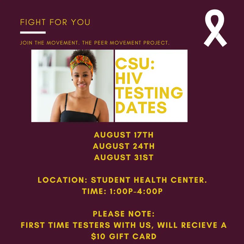 PeerMovementPro's tweet photo. CSU we're back this Wednesday. Come on out for free HIV Testing and first time tester will get a $10.00 gift card. https://t.co/K9G0rgSdzI
