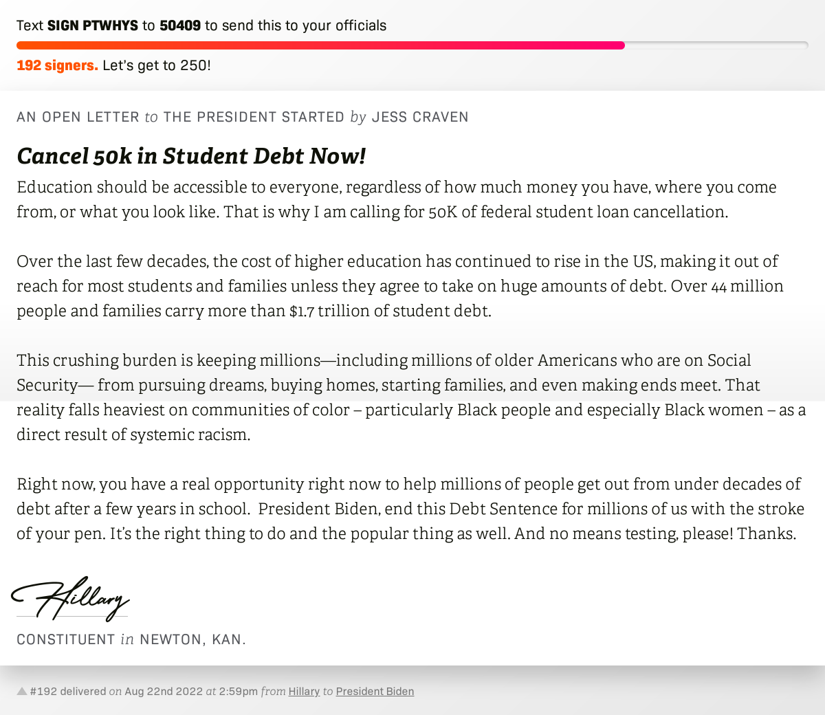 openletterbot's tweet photo. ๐ Sign โCancel 50k in Student Debt Now!โ and Iโll deliver a copy to your officials: https://t.co/krTmXUskZ0
๐จ No. 192 is from Hillary to @POTUS #KS04 #KSpolitics #KSpol #KSpoli https://t.co/JKTa3b4NVS