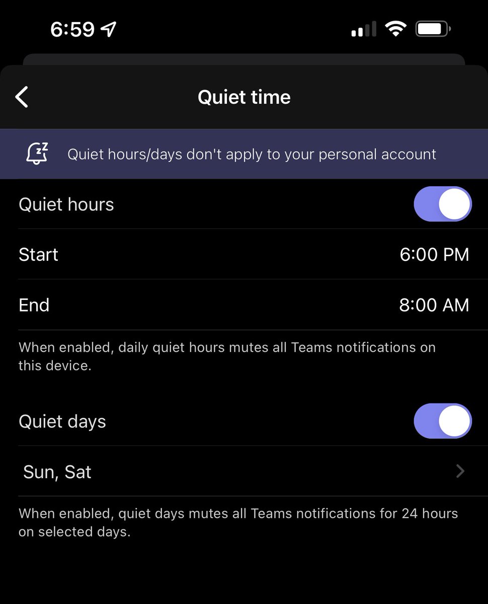 detroittiger79's tweet photo. @CAnthonyCaragol Not helpful from a desktop or a handset, but I just use the Quiet Time settings on my Teams mobile app. https://t.co/igHS8palQ9