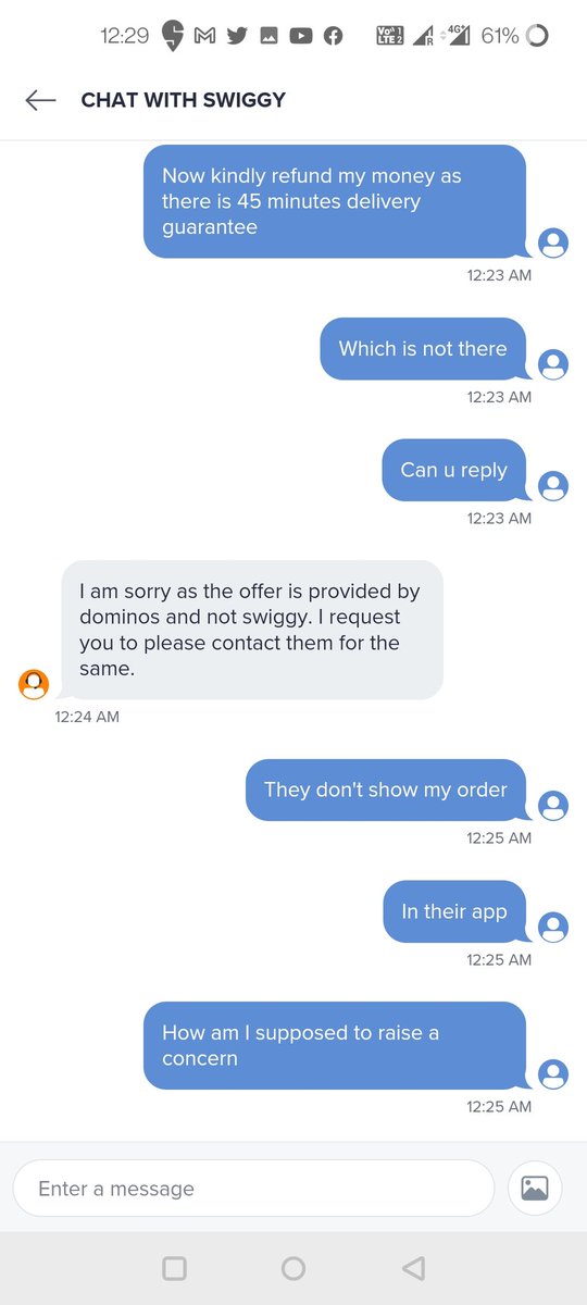 iamlaughingchic's tweet photo. I ordered Domino's Pizza from swiggy app. They did deliver the pizza after 45 min and I got no refund. I complaint about this to swiggy, they don't take the responsibility and nor Domino's shows my order in their app. What should I do @dominos_india @Swiggy https://t.co/pE8h9zkn3D