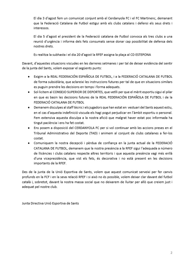 Comunicat Unió Esportiva de Sants