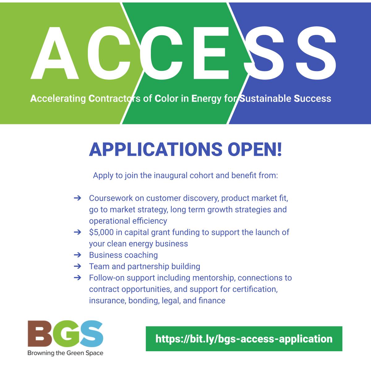 BGSMatters's tweet image. Applications are now open for our inaugural ACCESS contractor business boot camp designed for tradespeople of color aspiring to start their own clean energy contracting business in climate-critical fields. Apply by Sept 16: bit.ly/bgs-access-app…