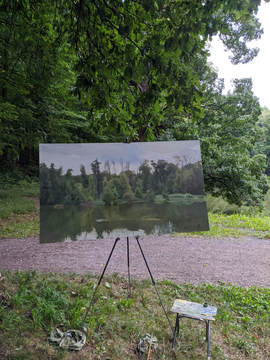 I need cloudy skies, but it's either rain or shine. It drizzled all day today, I painted under a tree and almost after dark. I'm making it harder for myself, but being a realist I can't defend anything other than painting from reality

#realism #landscapepainting #pleinair #WIP