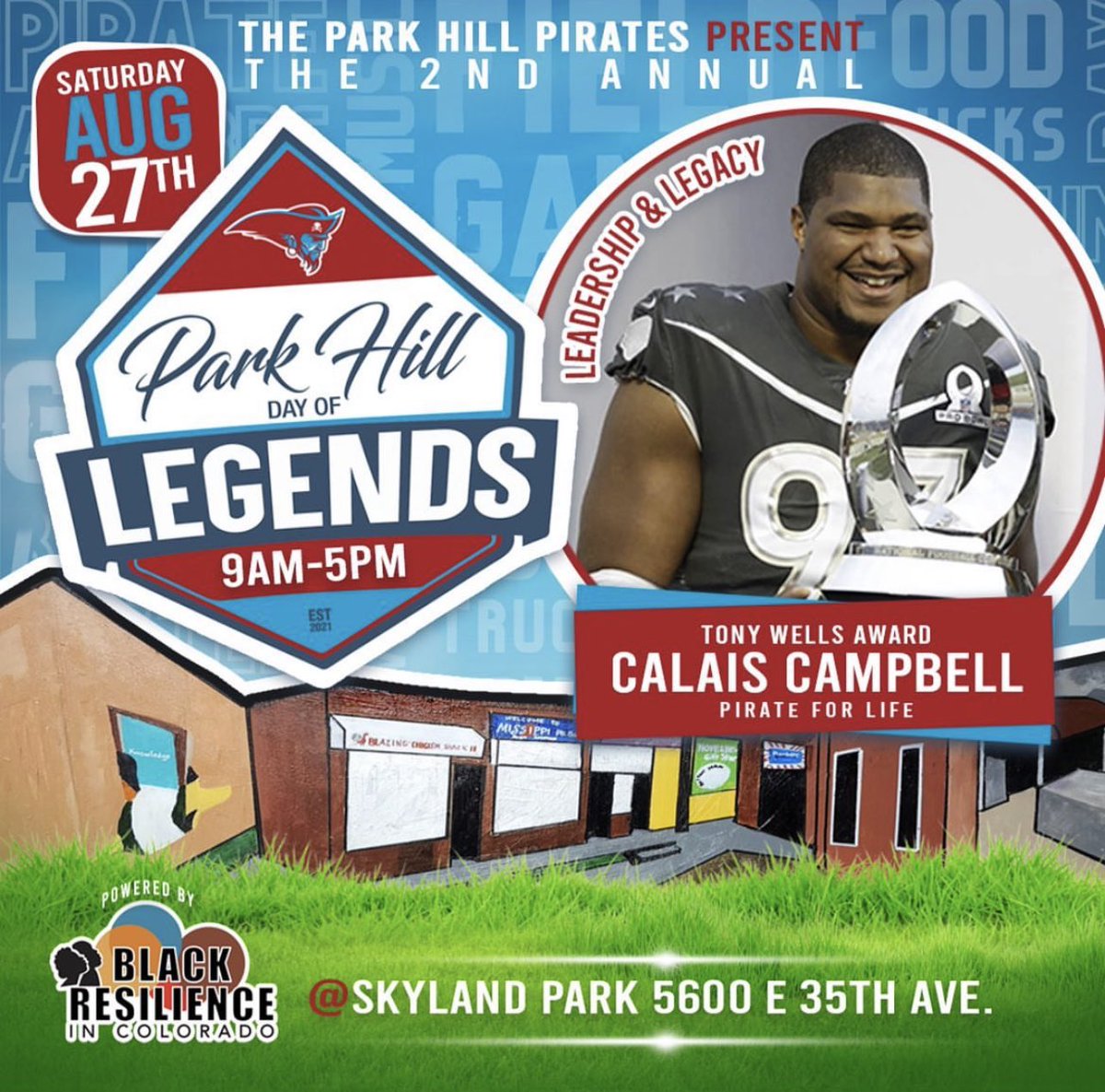CRCFoundation93's tweet photo. Congratulations, @CalaisCampbell! It was announced that Calais will be the recipient of the Park Hill Pirates (his pee wee team growing up!) 2022 Tony Wells Leadership and Legacy Award. What an honor!! #Pirates4Life https://t.co/GXs77dNJcO
