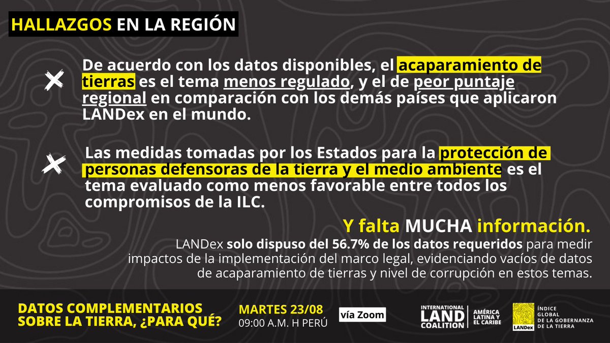 ¿Ya te inscribiste? 📈 Súmate mañana, 23/08, al evento de #LANDex para conocer los resultados de la implementación de este índice global y las diferentes formas en que se ha utilizado en 8 países de nuestra región.

🙋🏾‍♀️Inscríbete: bit.ly/3pqqEUM
