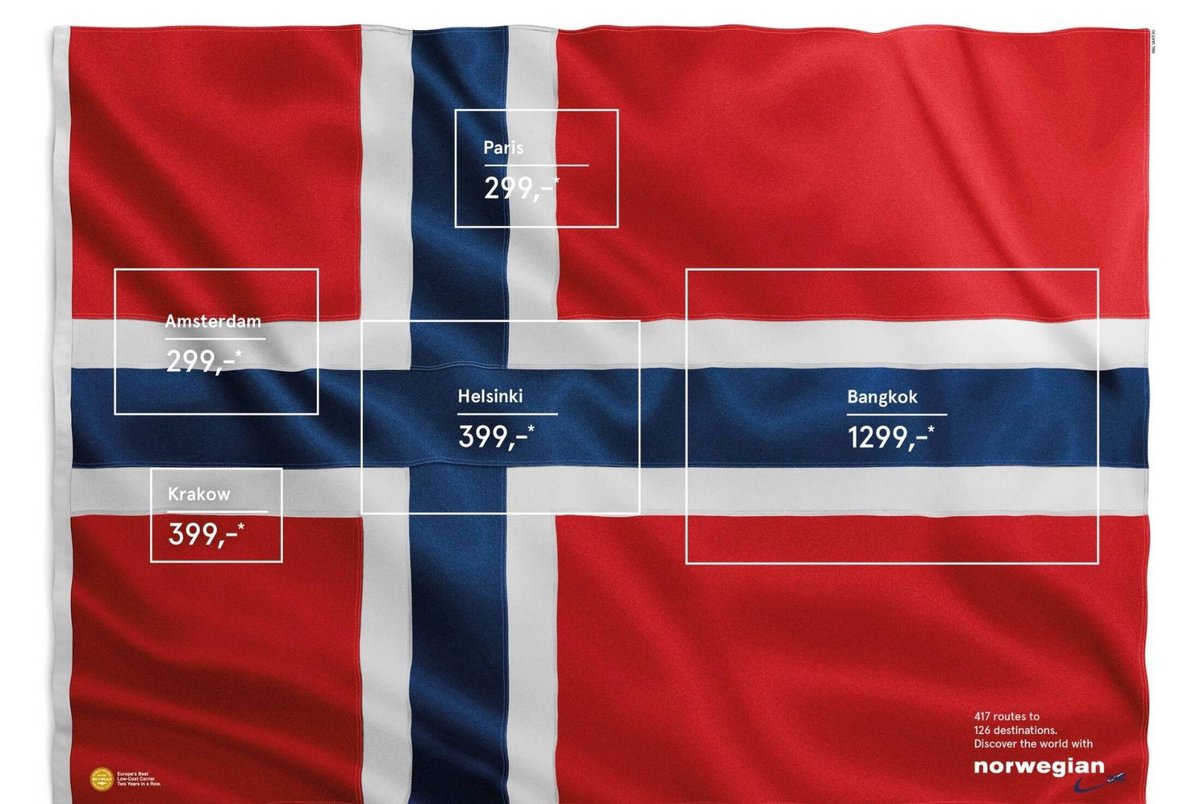 famouscampaigns's tweet photo. This clever ad by Norwegian Airlines promotes various flight destinations with the flags of 5 countries 'hidden' in the flag of Norway.

Agency: M&amp;C Saatchi

 #marketing https://t.co/UmnA6dBPoS