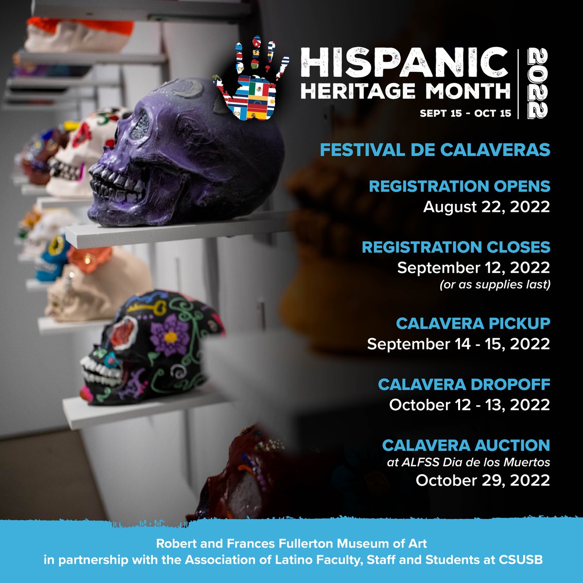 In celebration of Hispanic Heritage Month, RAFFMA invites the campus and the community to sign up to decorate a Calavera! 💀❤️ All completed Calaveras will be showcased in a Festival de Calaveras exhibition opening on October 29th.

For more information, visit the link in bio