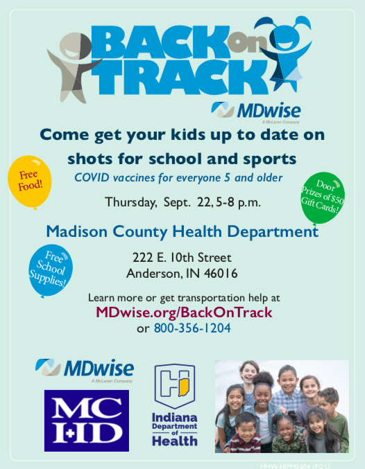 Anderson Community Schools (@andersoncomsch) on Twitter photo Mark your calendars! <a href="/MDwiseInc/">MDwise, Inc.</a>, the Madison County Health Department, and the <a href="/StateHealthIN/">Indiana Department of Health</a> are hosting a "Back on Track" event on Sept. 22nd. The event is designed to get students up to date on shots for school and sports. More details can be here: mdwise.org/backontrack Mark your calendars! <a href="/MDwiseInc/">MDwise, Inc.</a>, the Madison County Health Department, and the <a href="/StateHealthIN/">Indiana Department of Health</a> are hosting a "Back on Track" event on Sept. 22nd. The event is designed to get students up to date on shots for school and sports. More details can be here: mdwise.org/backontrack