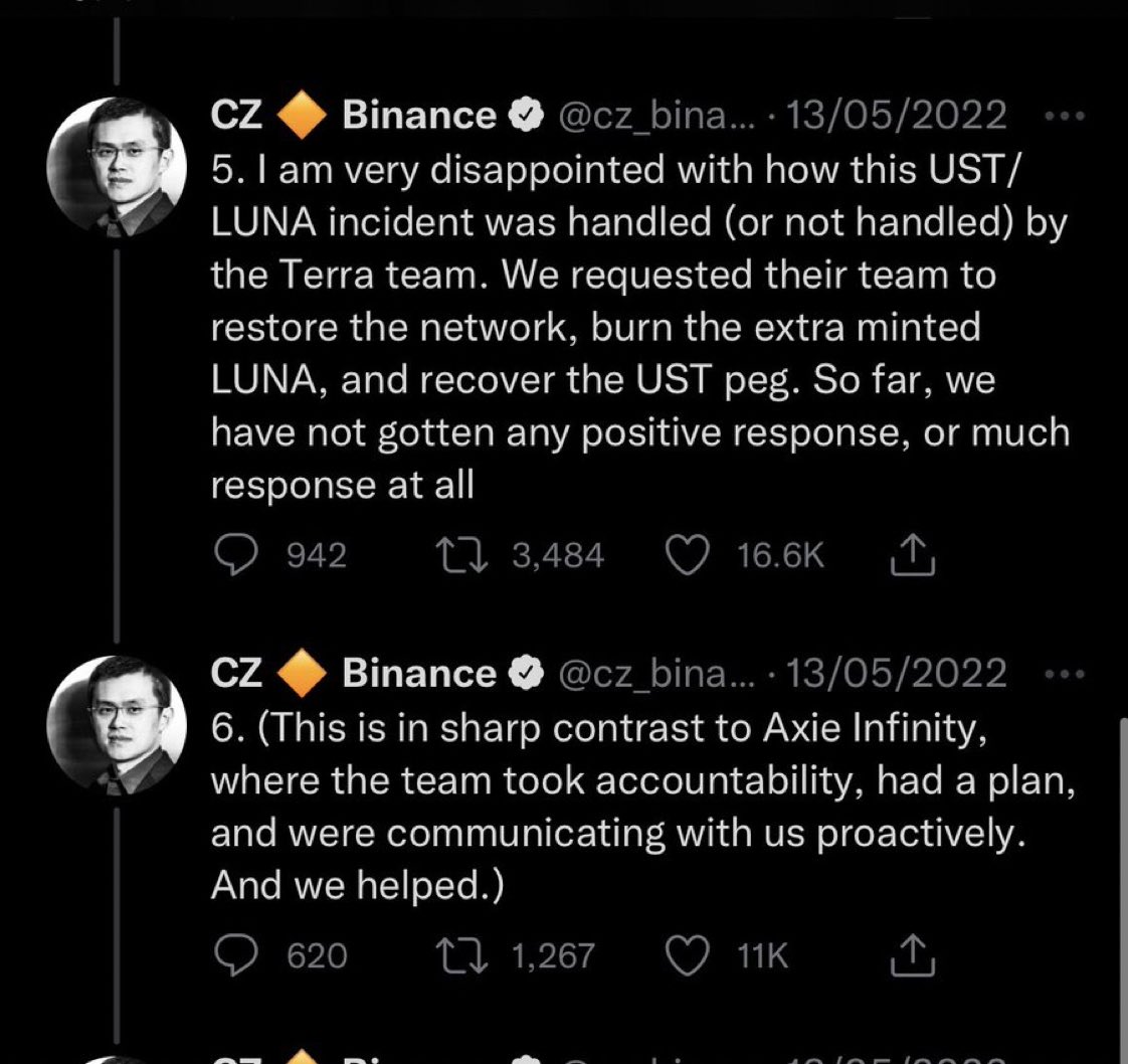 Old tweet from CZ Binance. He tweeted and requested the Terra Team to burn the extra minted Luna Classic and restore the UST peg. He is sat back watching us as a community work toward those goals. He will support us! #LUNC #luncburn #LUNACLASSIC #Cryptos #BNB #LunaClassicBurn