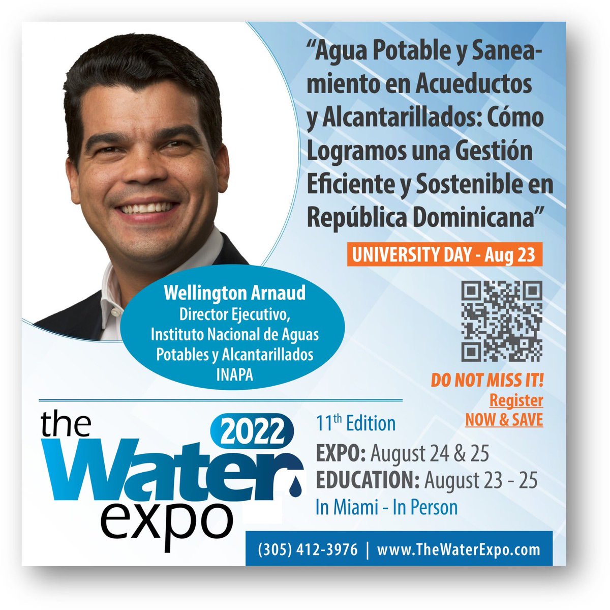 warnaudbisono's tweet photo. ¡Esto es mañana! Contento de participar como ponente en @thewaterexpo para conversar sobre la gestión eficiente que estamos realizando en República Dominicana en materia de acceso al agua potable y saneamiento. #TheWaterExpo2022 #Innovación https://t.co/HoI0HSw6yi