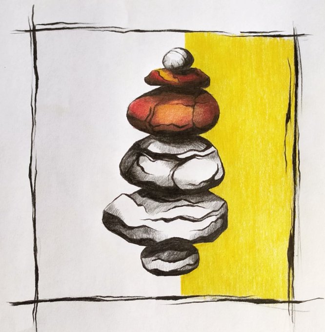 Find balance in everything you do. drawing of stones balanced on top of each other. 