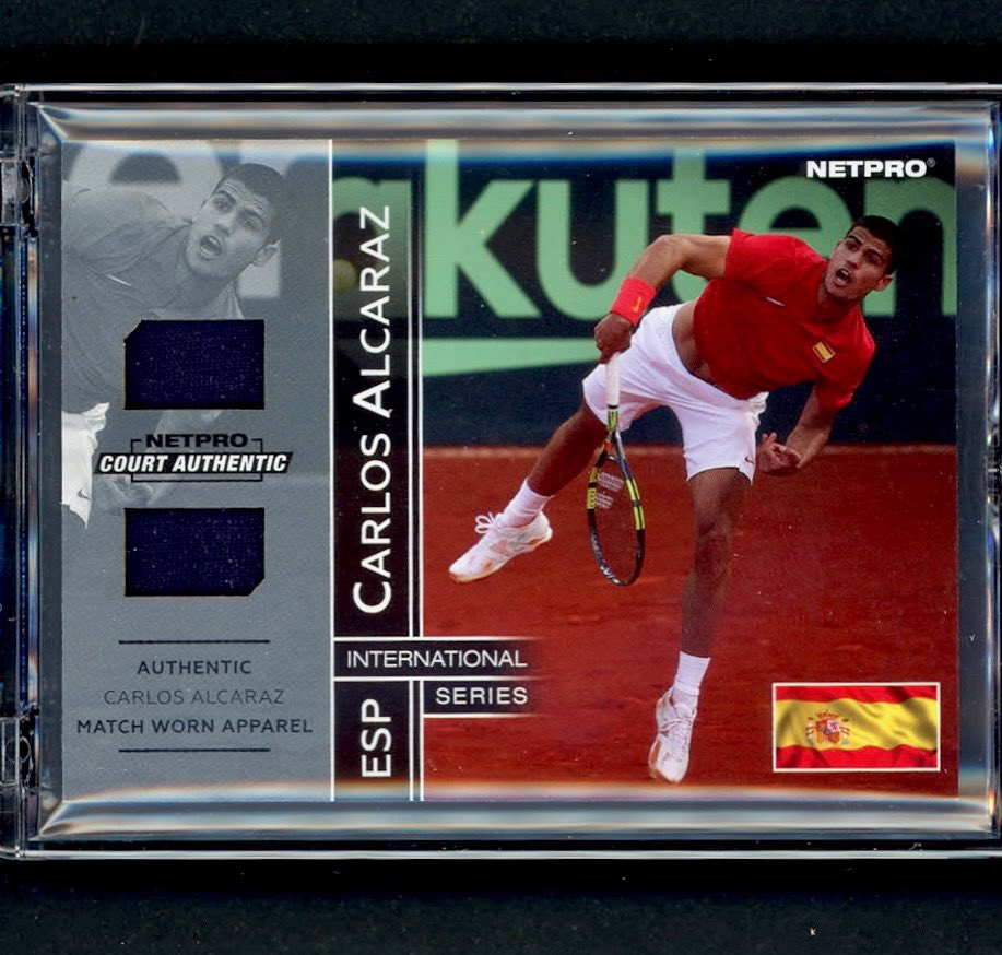 NetProCards's tweet image. For those feeling a bit nostalgic, here is the CARLOS ALCARAZ 2022 NETPRO INTERNATIONAL SERIES DUAL MATCH-WORN JERSEY RC /50. Our 2003 International Series Match-Worn Court Authentic rookie cards were the 1st of their kind in the tennis world. This card pays tribute to that set!