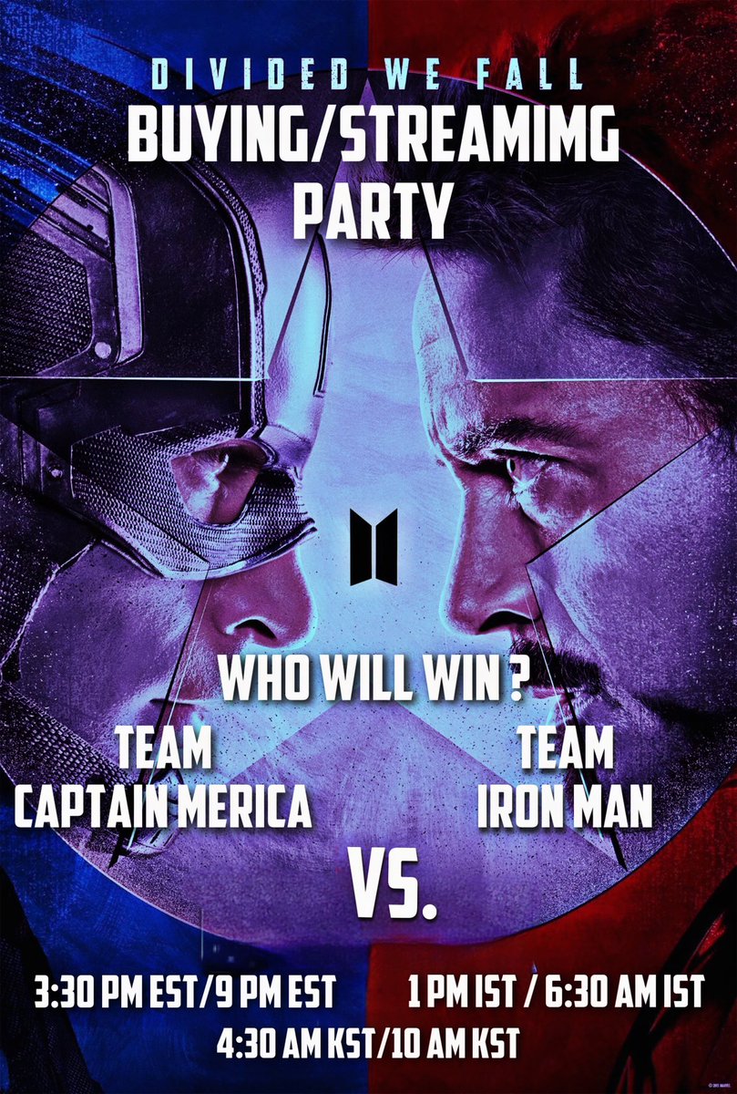 kkukstudio's tweet photo. ARMYS 🔥💜 join us in our streaming/buying party! It's #TeamCap vs #TeamIronMan, which side are you in ? 🤔 Be here at 3:30 PM EST FOR A FUN TIME STREAMING AND BUYING!!!! DON'T FORGET TO USE YOUR TEAM ## 🔥🔥 https://t.co/T0ptdcxkqb