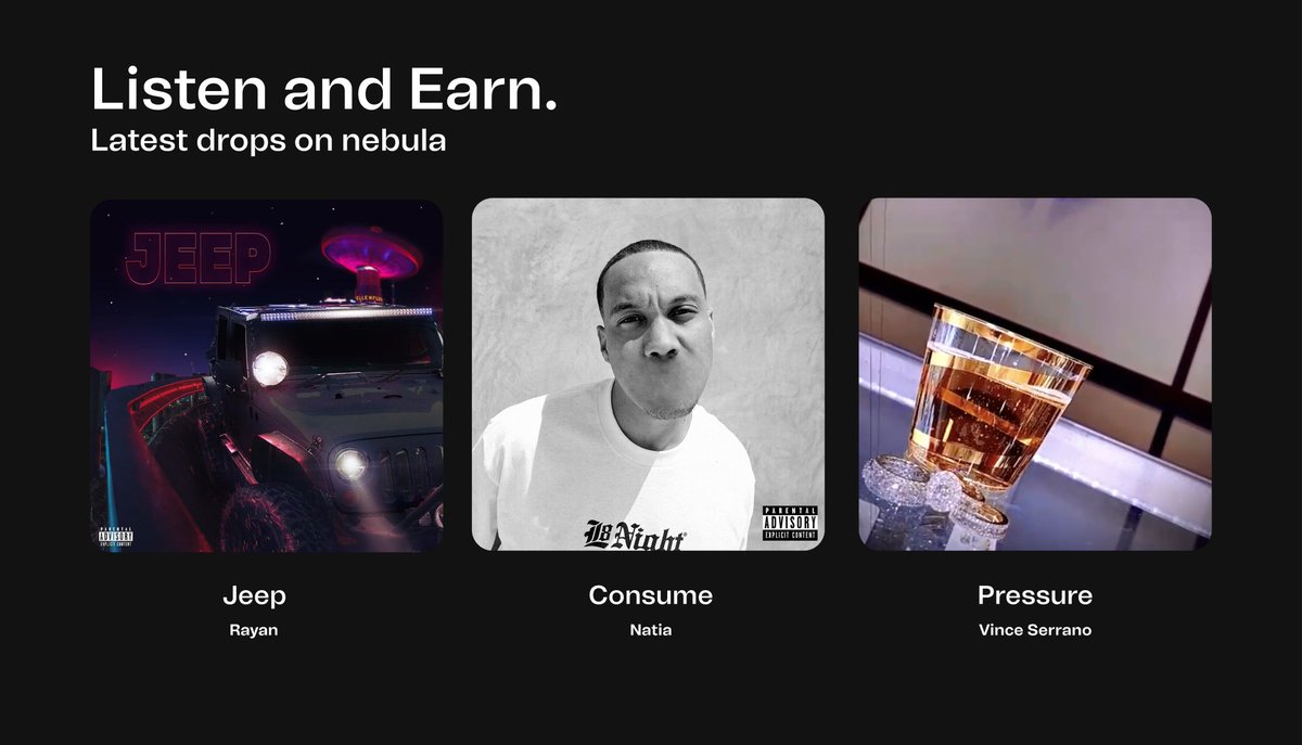 join_nebula's tweet photo. Here are 3 artists you should be supporting and co-earning with in the Web3 music space.

@Rayantrendyme - Jeep
@natiathegod - Consume
@soyvinceserrano - Pressure

https://t.co/rXQuLwMnD7

#valuemusic #web3 #joinnebula #musicroyalties #web3music https://t.co/Z9MLkDLydK